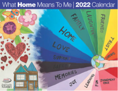 What Home Means to Me 2022 Calendar Cover drawn entry in color with house, hearts, flowers and an earth wheel with words of what home means